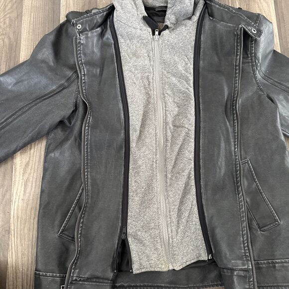 BKE Y2K MENS L Stonewash Black Jacket COAT DOUBLE Zip 90s Distressed Motorcycle - Picture 8 of 9